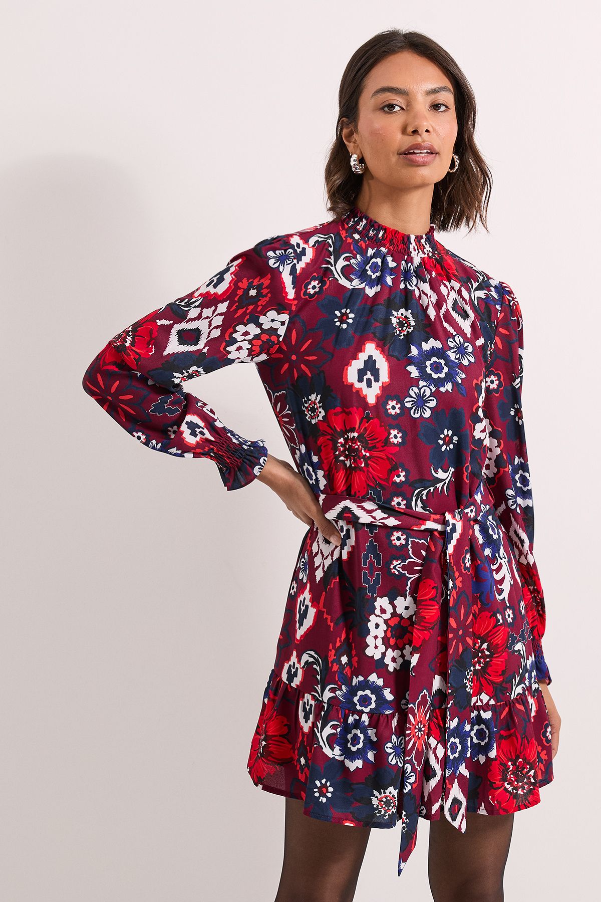 Dorothy Perkins Shirred Neck Tie Waist Mini Dress Multi image 1