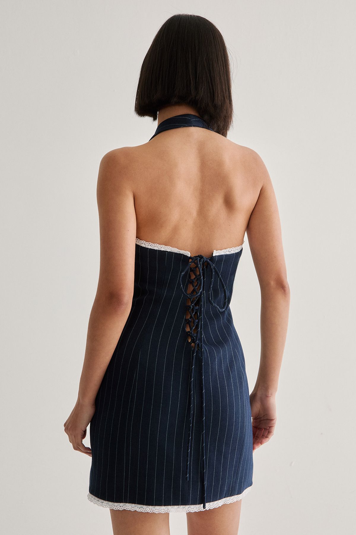 NastyGal Pinstripe Lace Trim Tailored Waistcoat Dress Denim-blue image 4