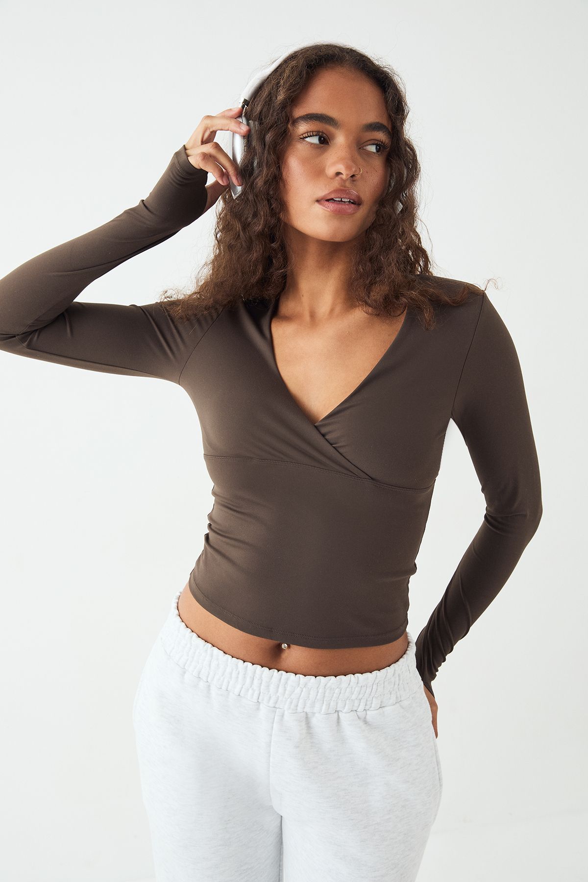 DSGN Studio DSGN Studio Ultra Sculpt Wrap Front Padded Long Sleeve Top Espresso image 1