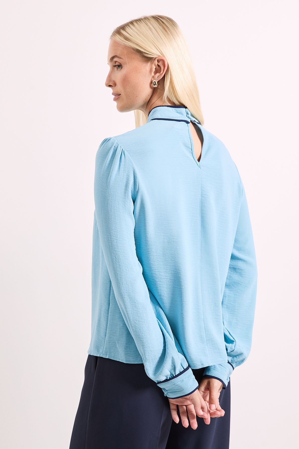 Principles Blue Piping Detail High Neck Blouson Sleeve Blouse Blue image 3