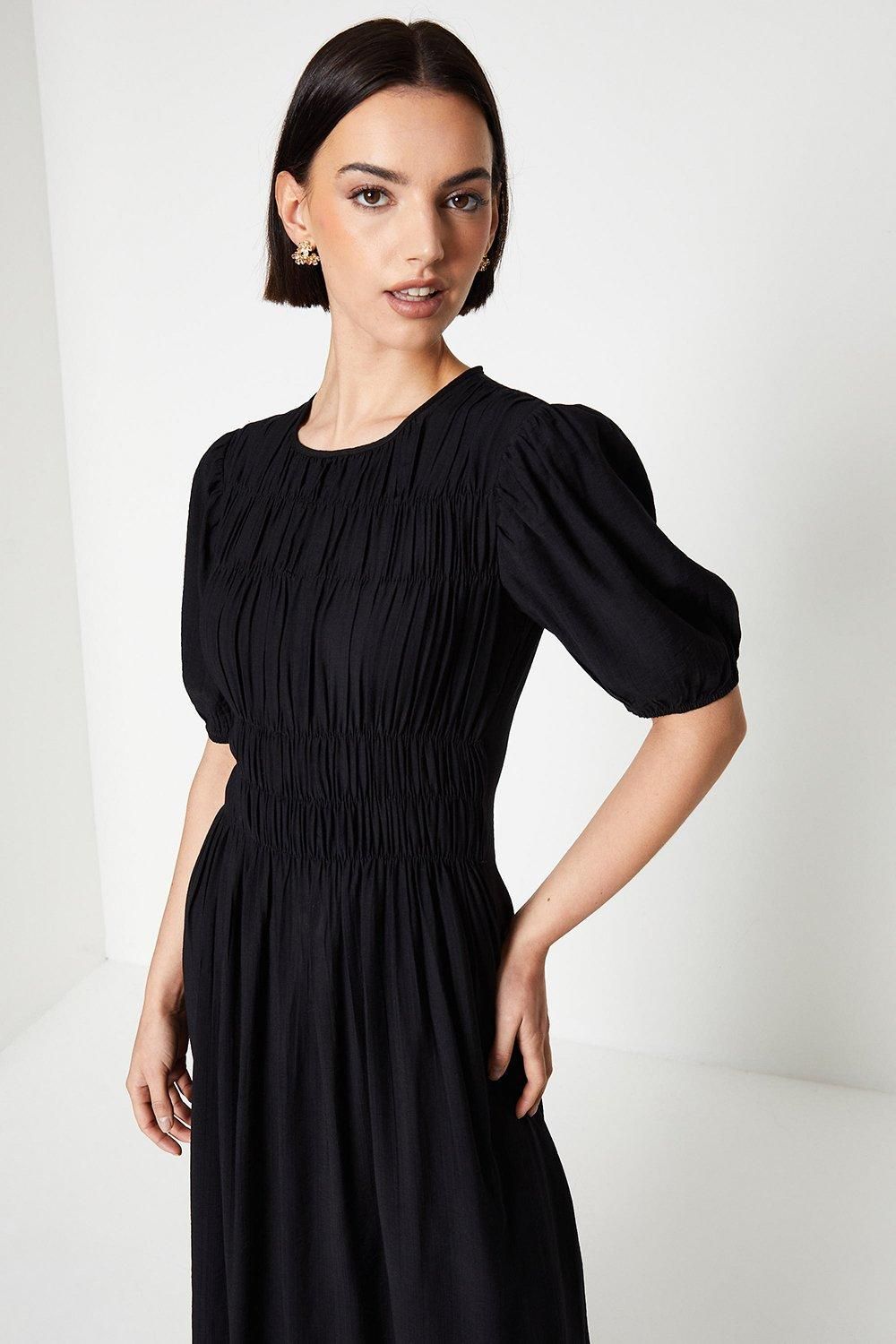Oasis Shirred Bodice Puff Sleeve Midi Dress Black image 2