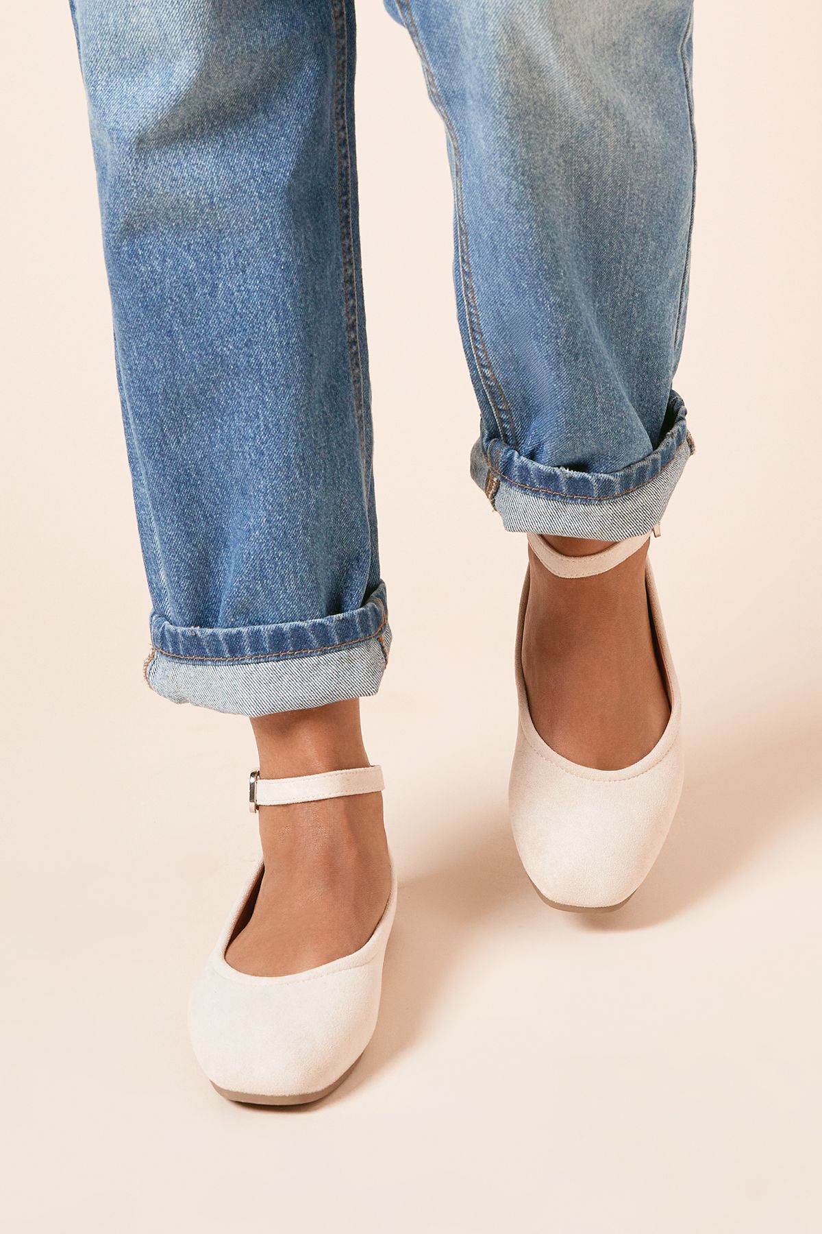 Dorothy Perkins Paula Faux Suede Square Toe Ankle Strap Ballet Pumps Taupe image 3