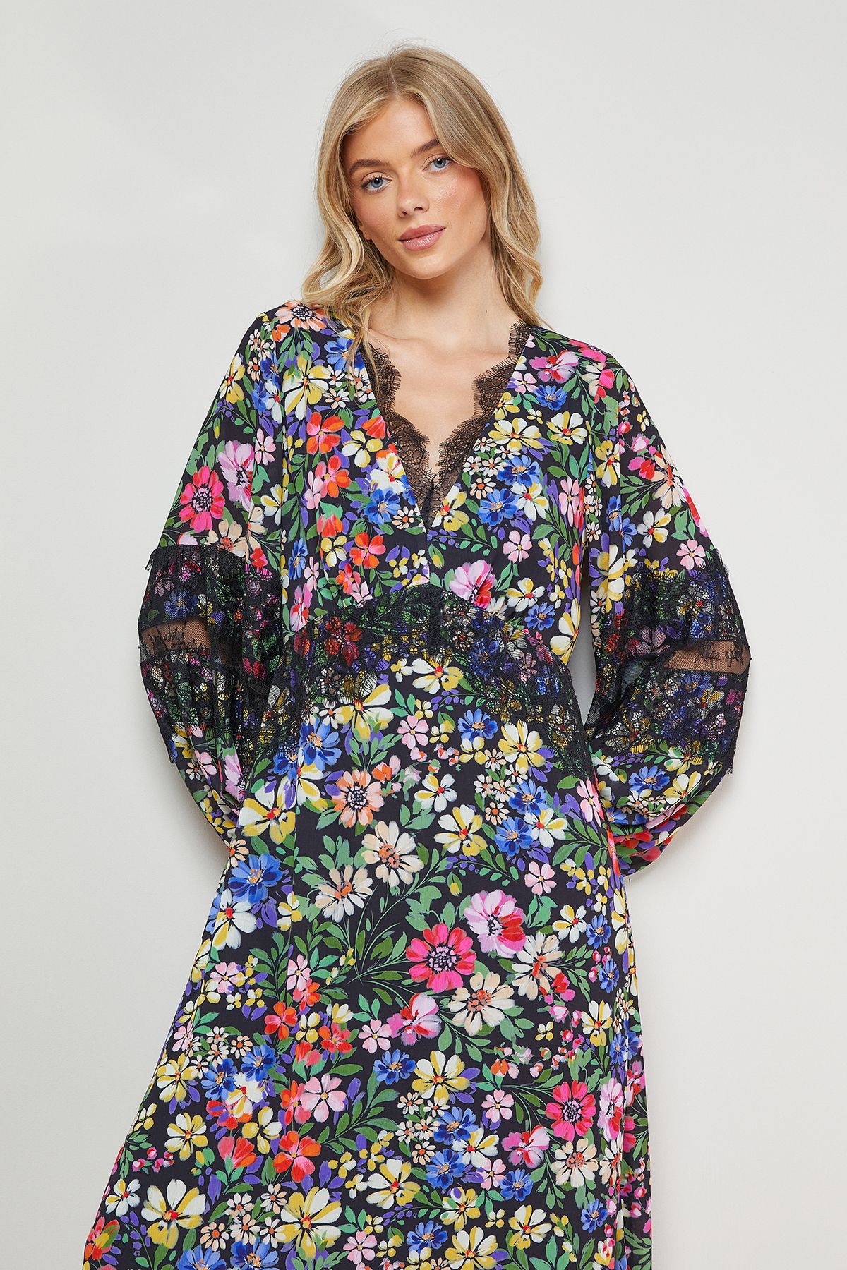 Oasis Printed Lace Insert Bias Midi Dress Multi image 2
