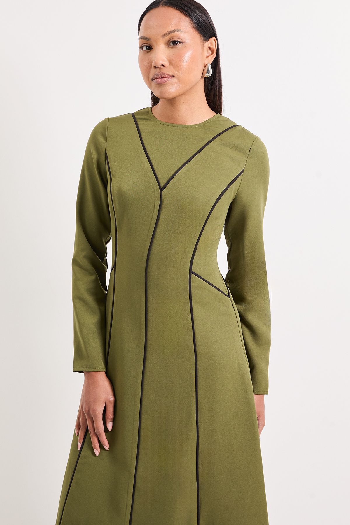 Principles Contrast Seam Detail Fit & Flare Crepe Midi Dress Olive image 4