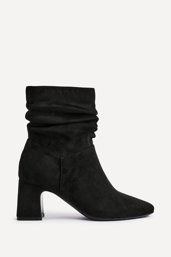 Linzi Maven Black Faux Suede Ruched Block Heel Ankle Boot