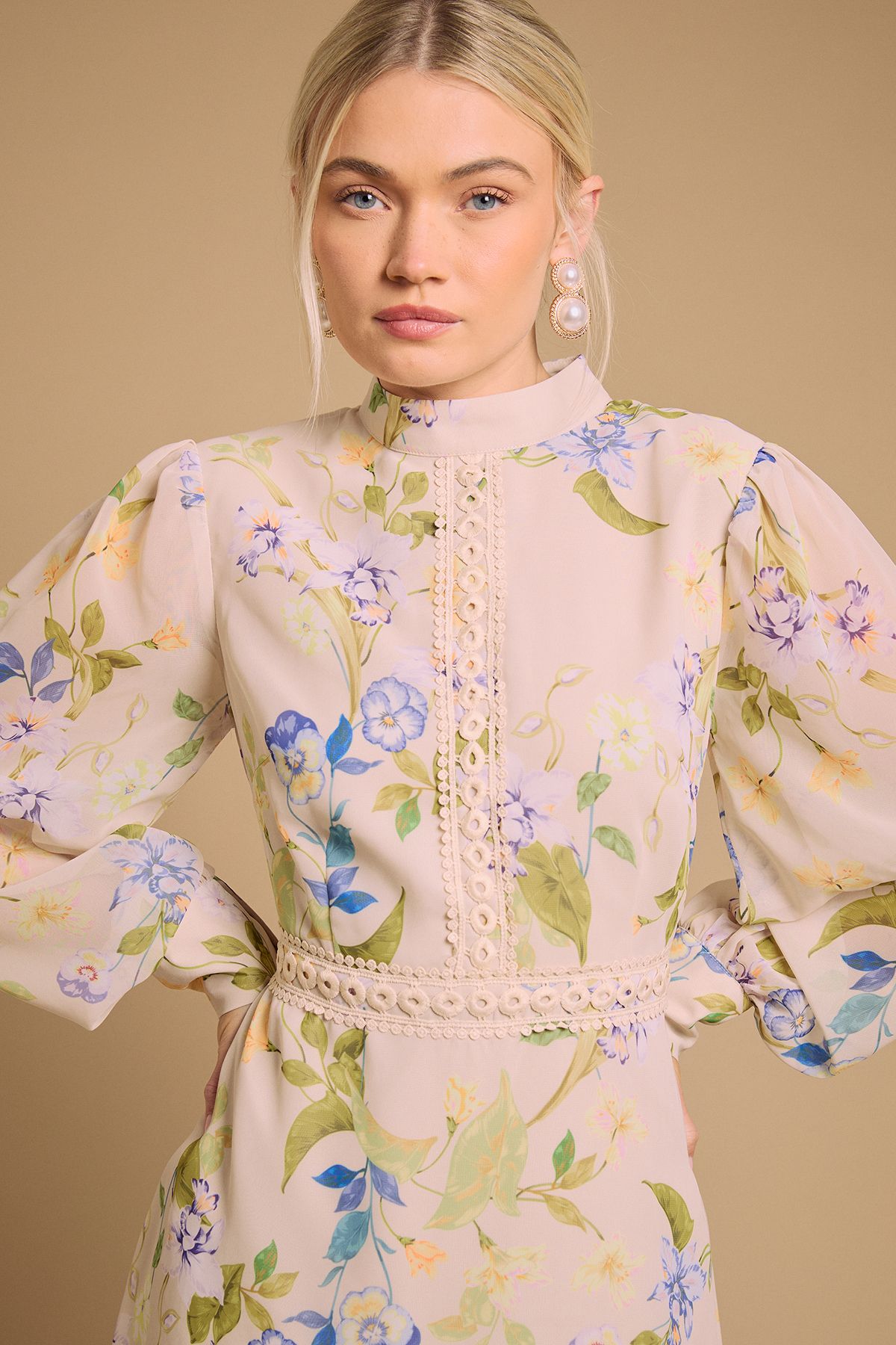 Oasis Print Collar Mini Fit and Flare Dress Cream image 3