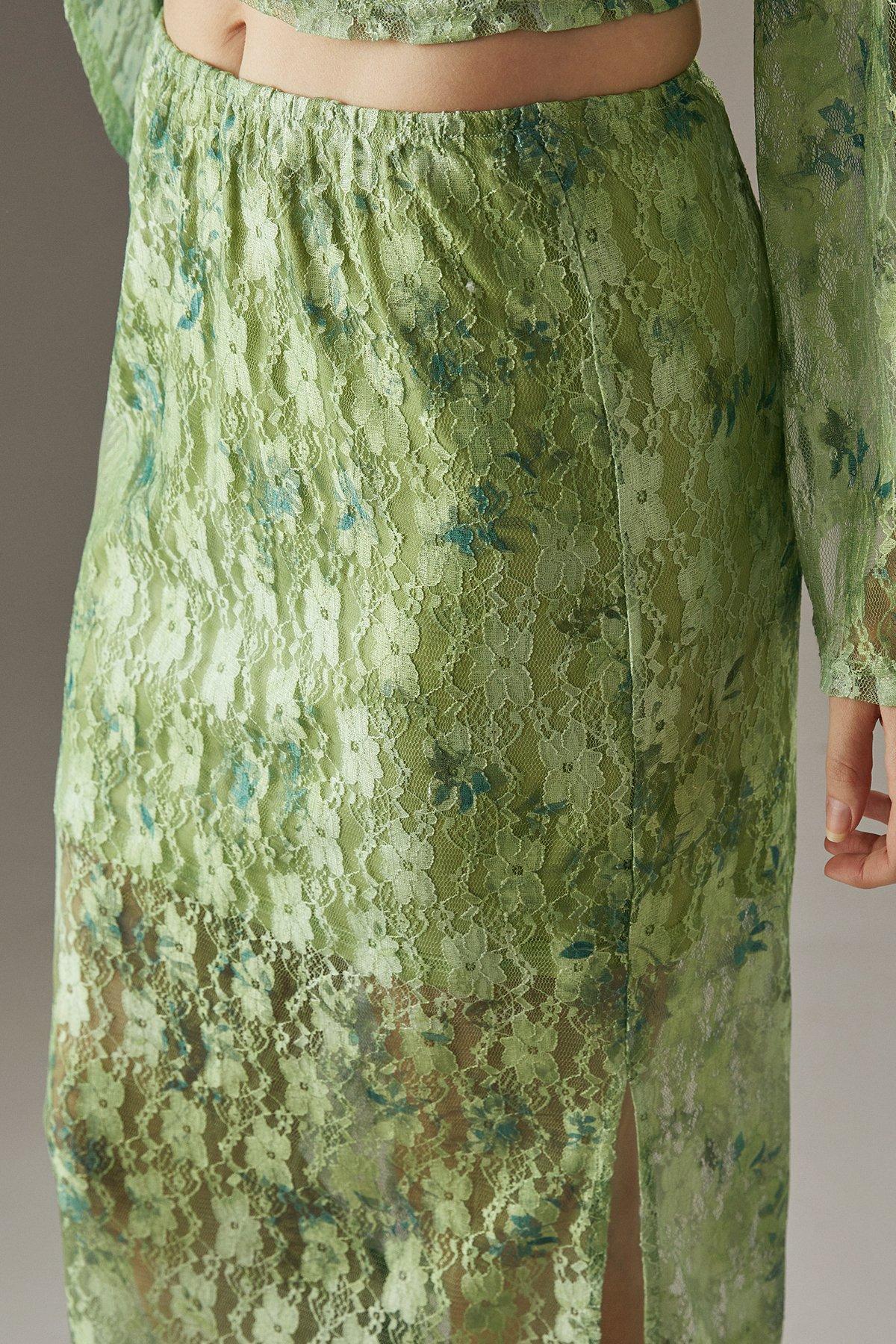 Warehouse Printed Lace Maxi Skirt Green image 4