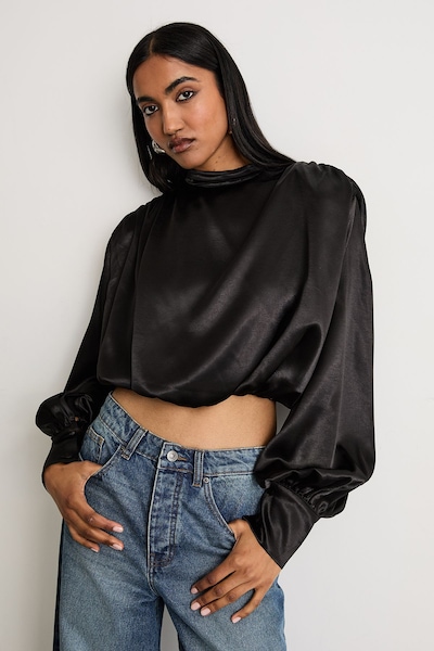 Warehouse Extreme Shoulder Draped Satin Blouse Black
