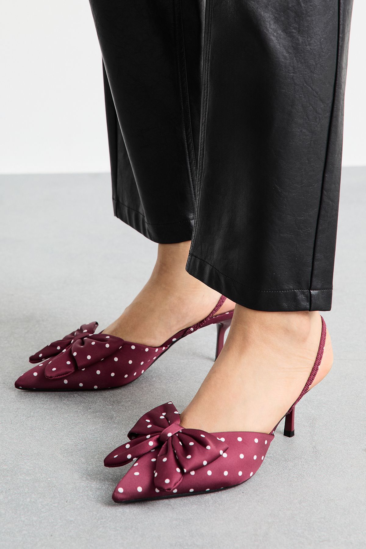 MissPap Red Satin Polka Dot Bow Detail Slingback Stiletto Heel Court Shoes Red