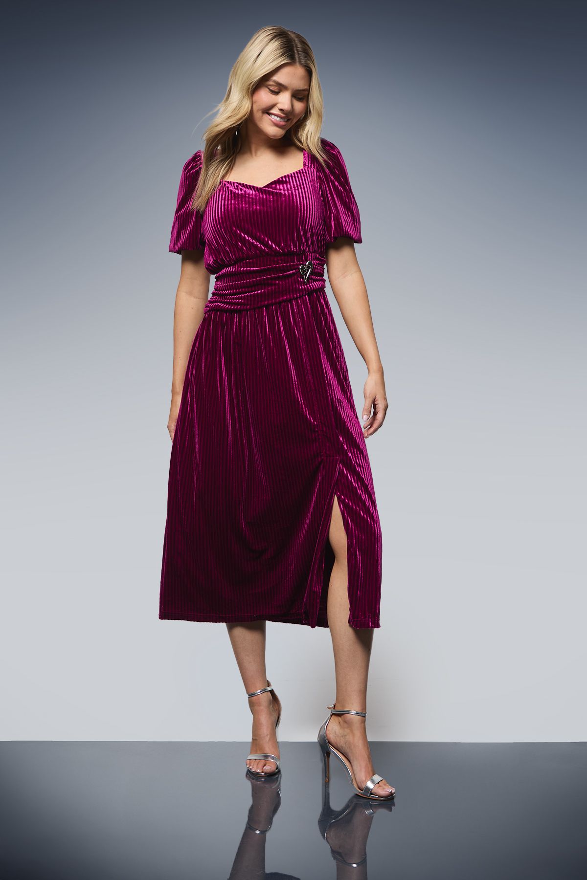 Dorothy Perkins DP Luxe Gathered Waist Velvet Midi Dress Berry image 1