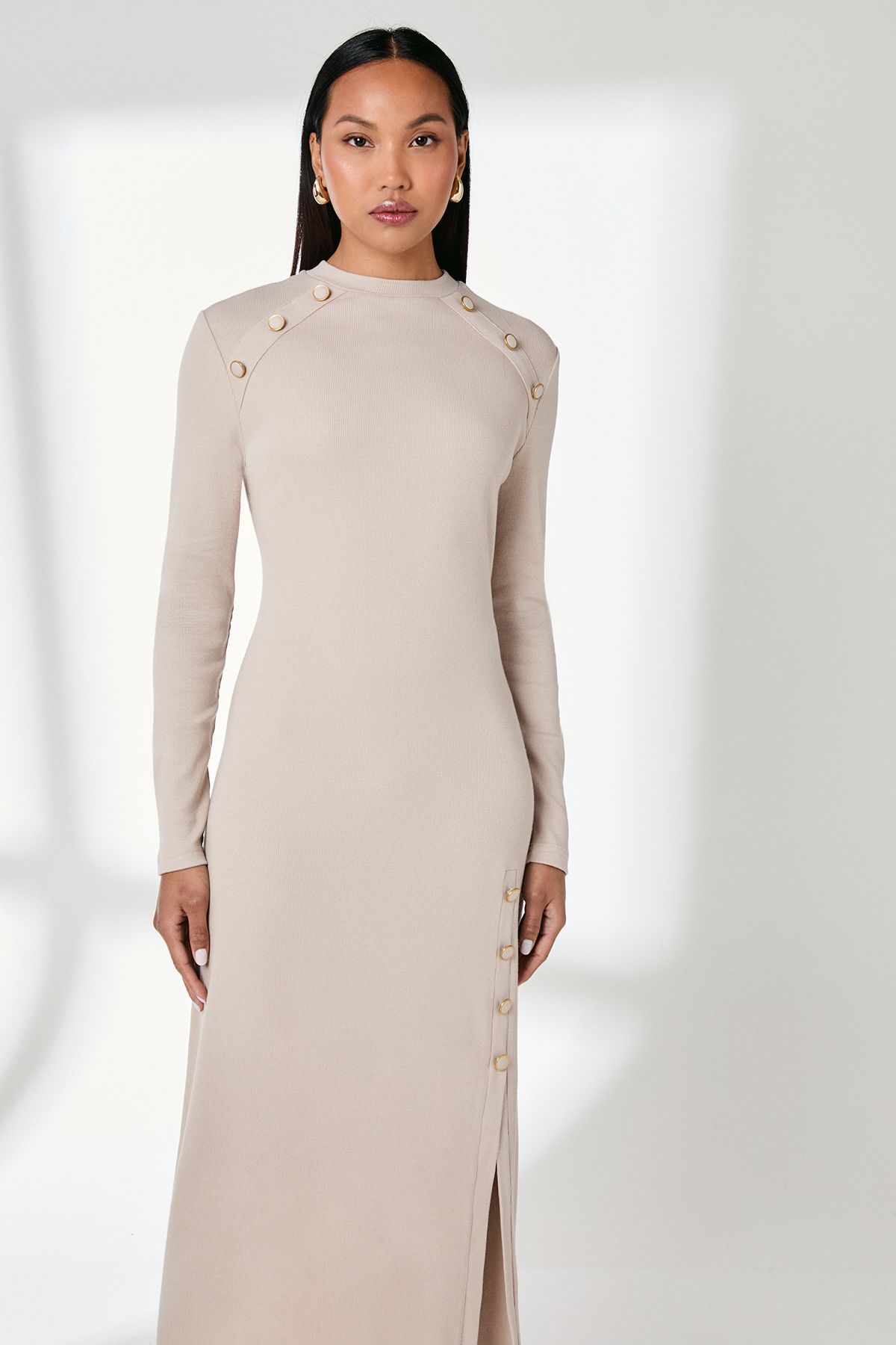 Principles Button Detail Rib Dress Oatmeal image 2