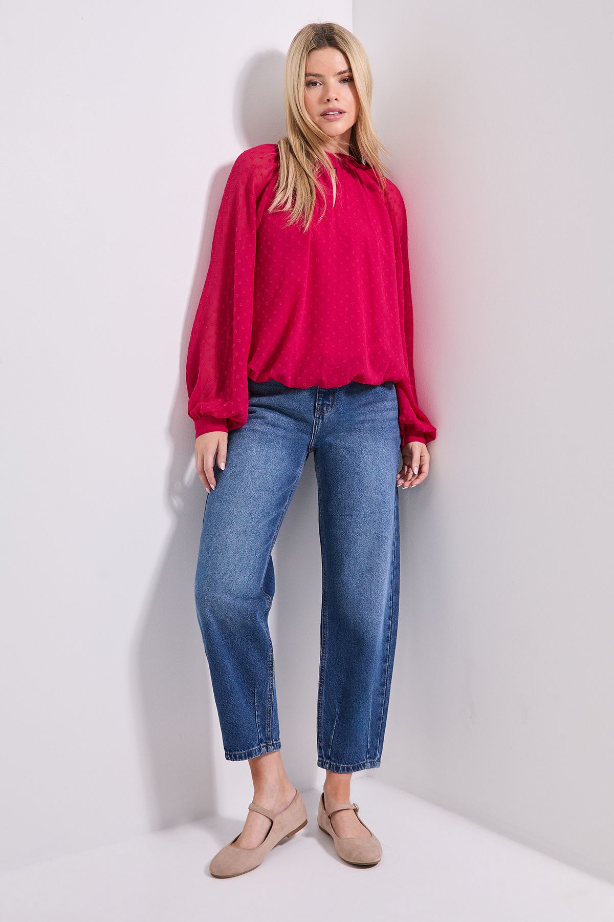 Dorothy Perkins Tie Neck Keyhole Blouson Sleeve Blouse Dark Pink image 2