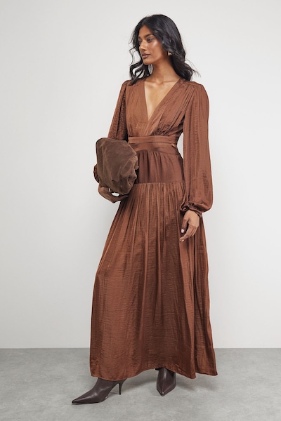 Warehouse Premium Satin Open Back Maxi Dress Chocolate