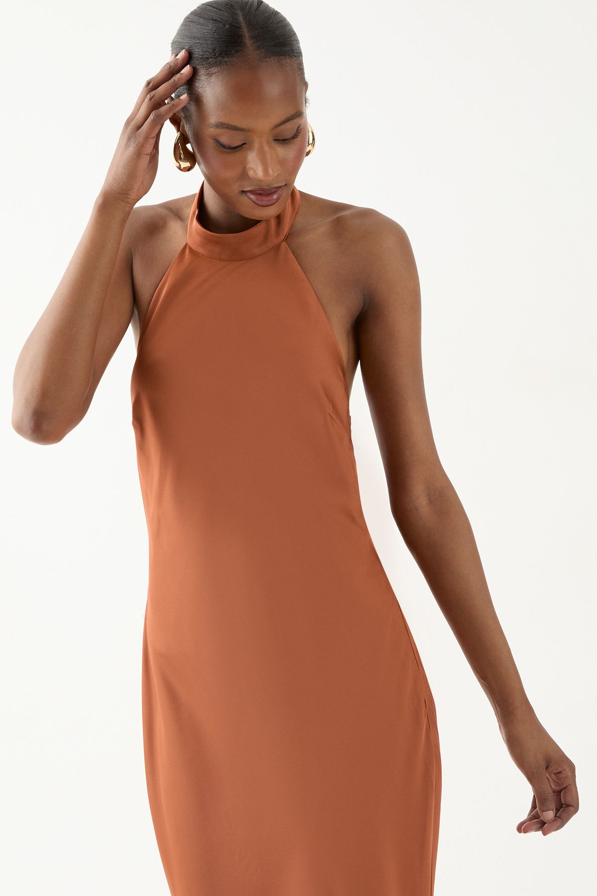 MissPap High Neck Satin Cowl Back Bridesmaid Dress Rust image 2