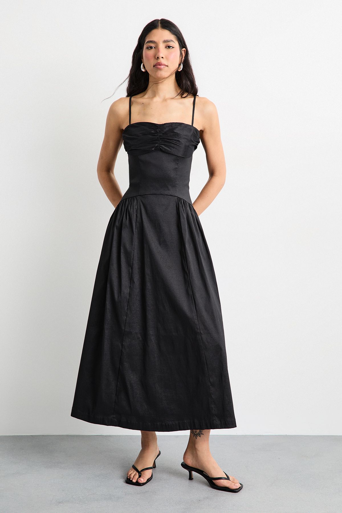 Warehouse Dropped Waist Ruched Bust Midi Dress Black