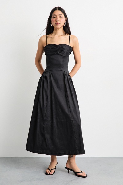 Warehouse Dropped Waist Ruched Bust Midi Dress Black