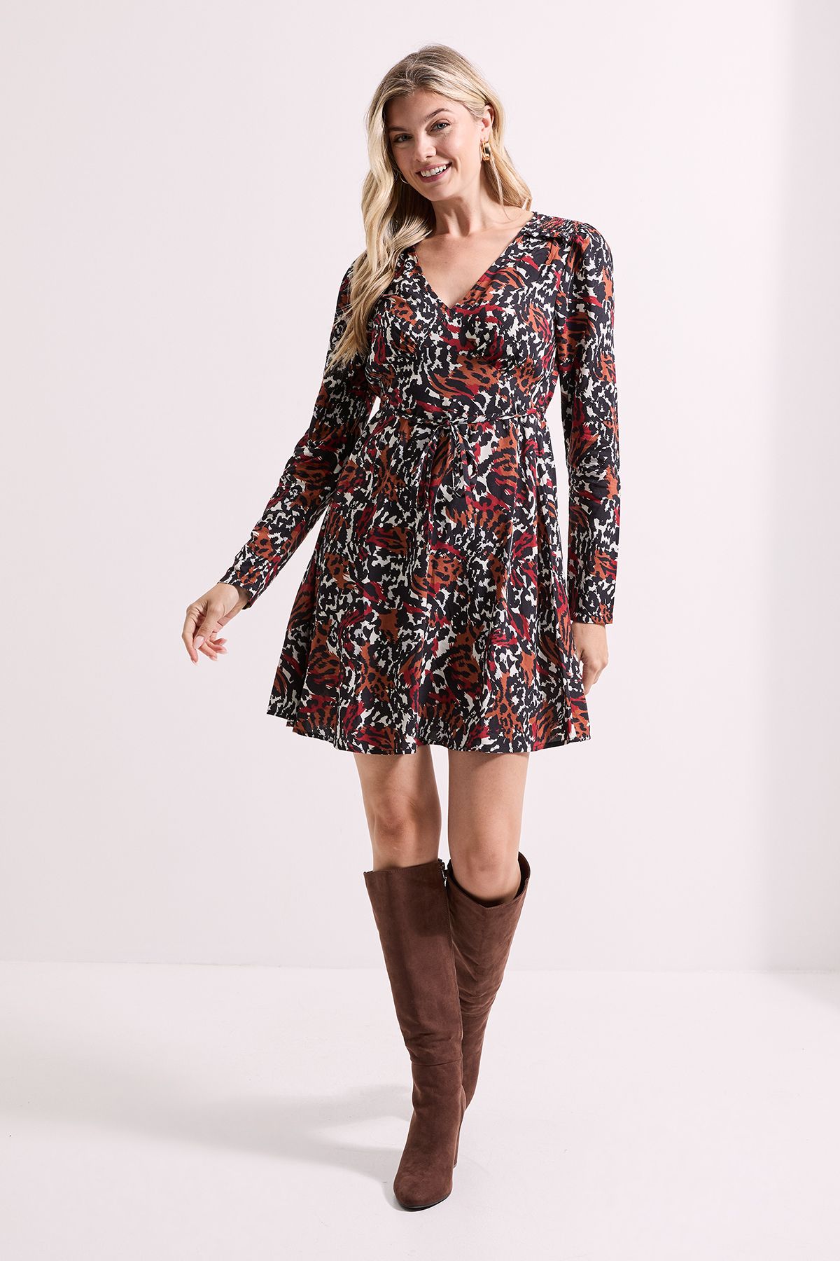 Dorothy Perkins Shirred Shoulder Empire Long Sleeve Mini Dress Animal image 1