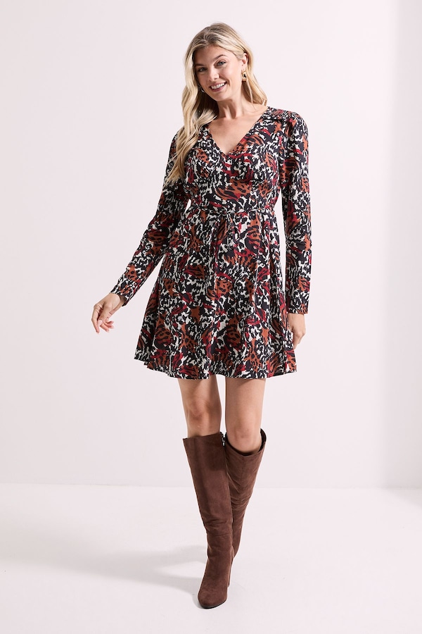 Dorothy Perkins Shirred Shoulder Empire Long Sleeve Mini Dress Animal