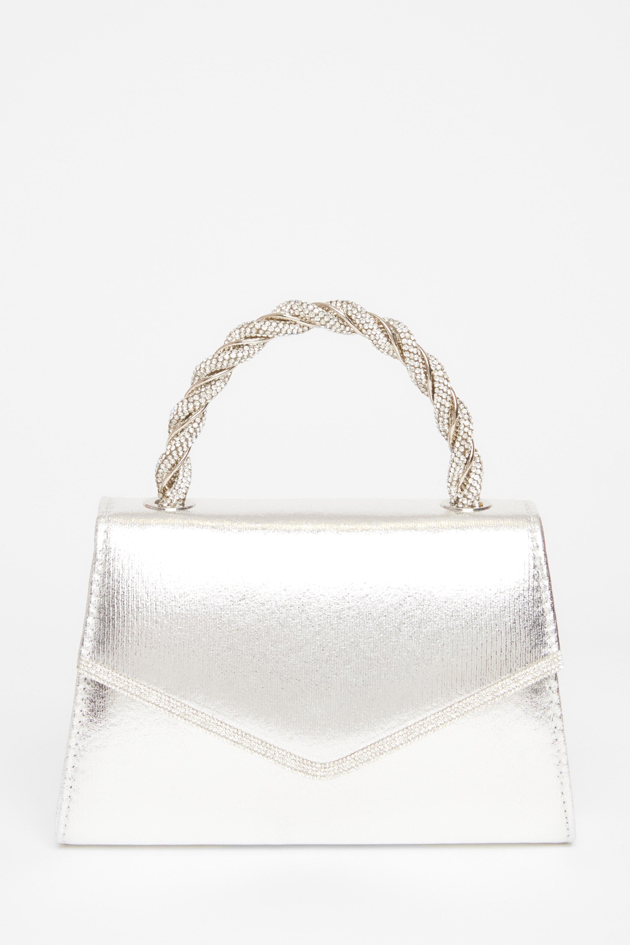 Quiz Silver Diamante Twist Top Handle Bag image 3
