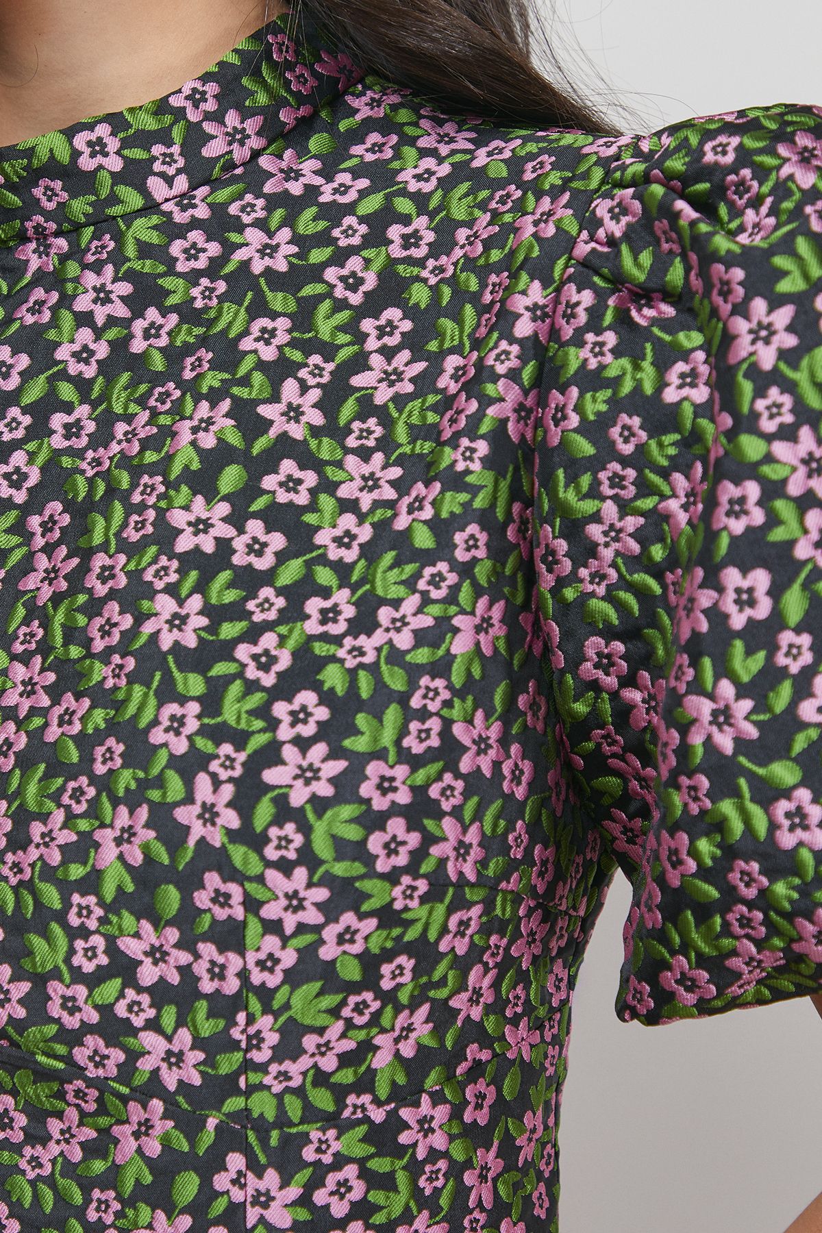 Oasis Floral Jacquard High Neck Puff Sleeve Peplum Mini Dress Black image 5