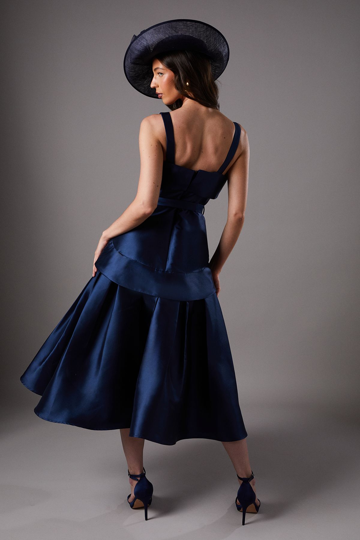 Coast Lisa Tan Twill Volume Belted Midi Dress Navy image 3