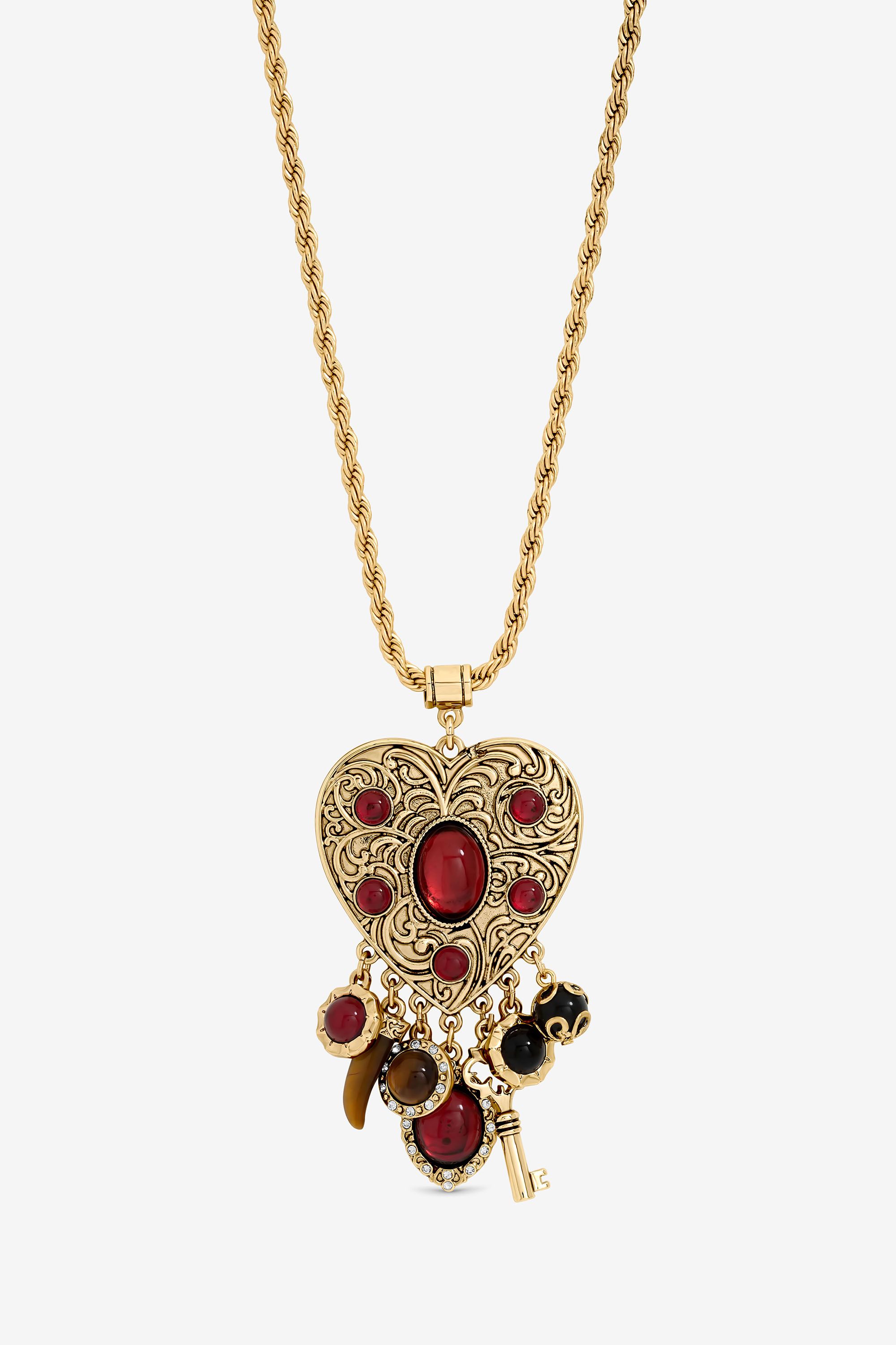 Mood Antique Gold & Red Resin Heart Charm Long Necklace image 1
