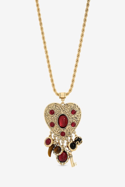 Mood Antique Gold & Red Resin Heart Charm Long Necklace