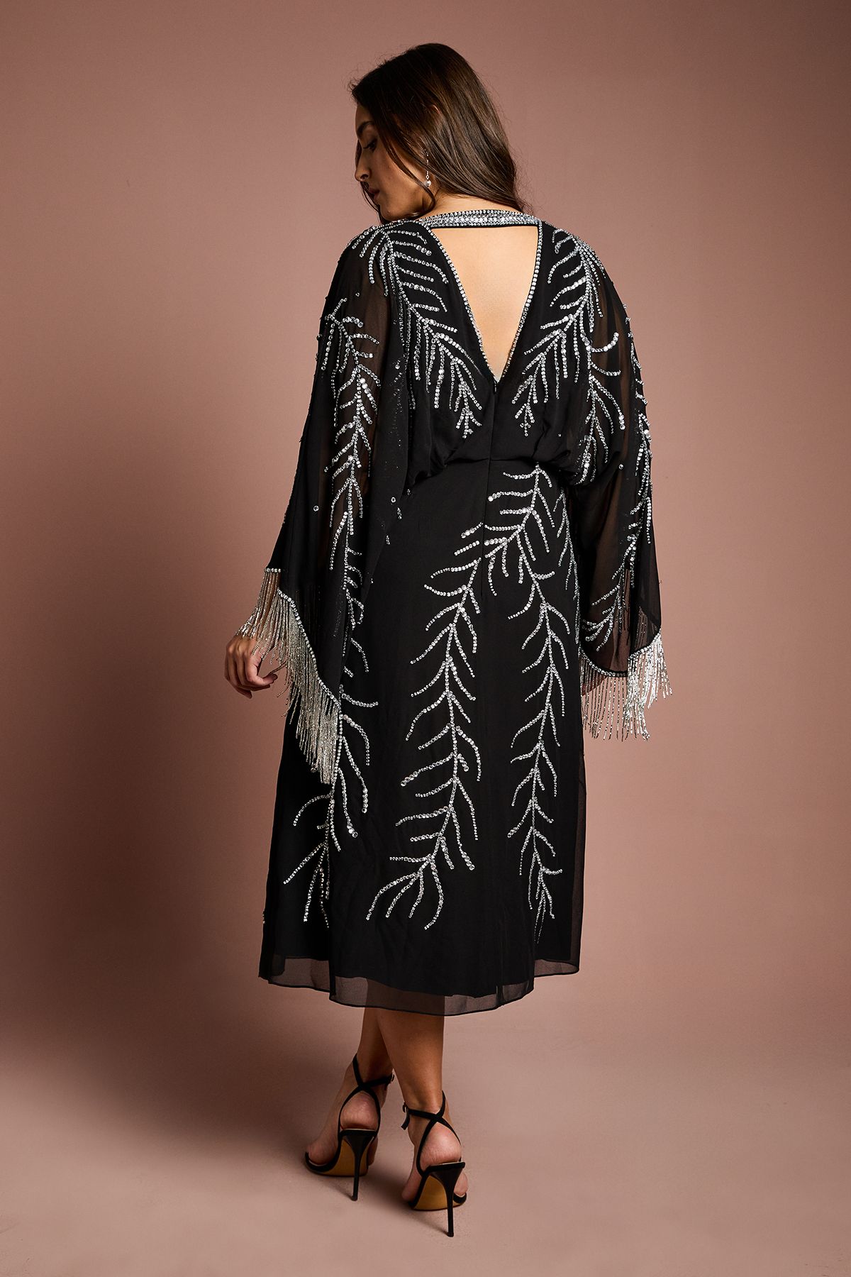 Coast Plus Size Feather Embellished Fringe Kimono Sleeve Midi Dress Black image 3