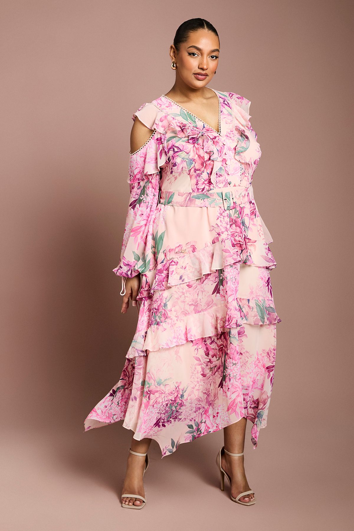 Coast Plus Cold Shoulder Printed Ruffle Midi Dress Pink image 1