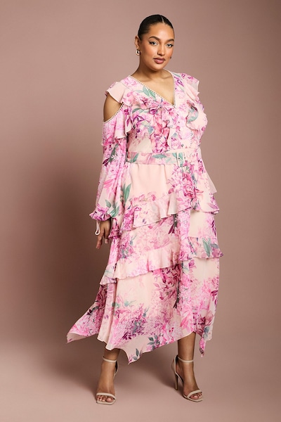 Coast Plus Cold Shoulder Printed Ruffle Midi Dress Pink