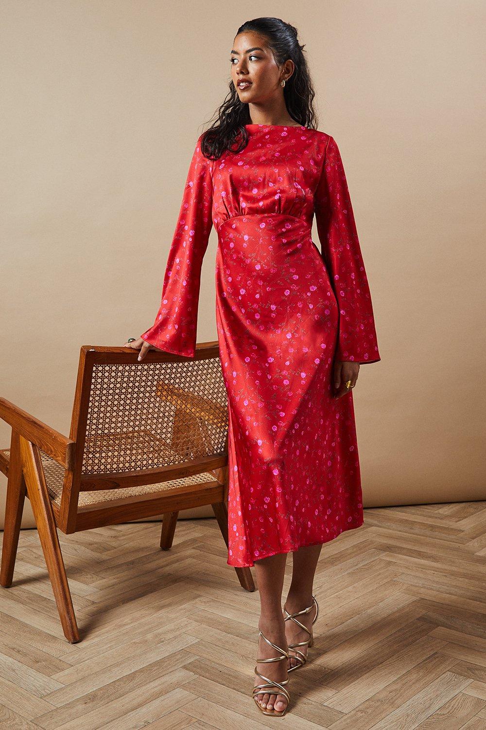 Oasis Petite Occasion Floral Satin Cowl Bias Midaxi Dress Red image 1