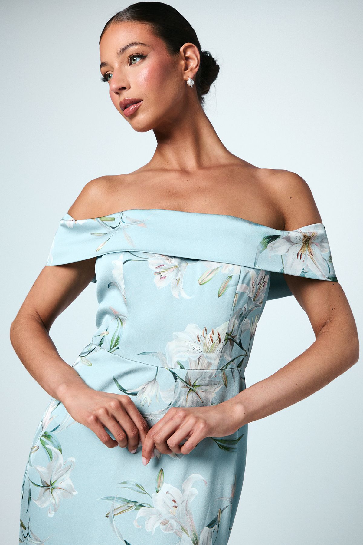 Coast Printed Bardot Satin Bridesmaid Dress Sage image 2