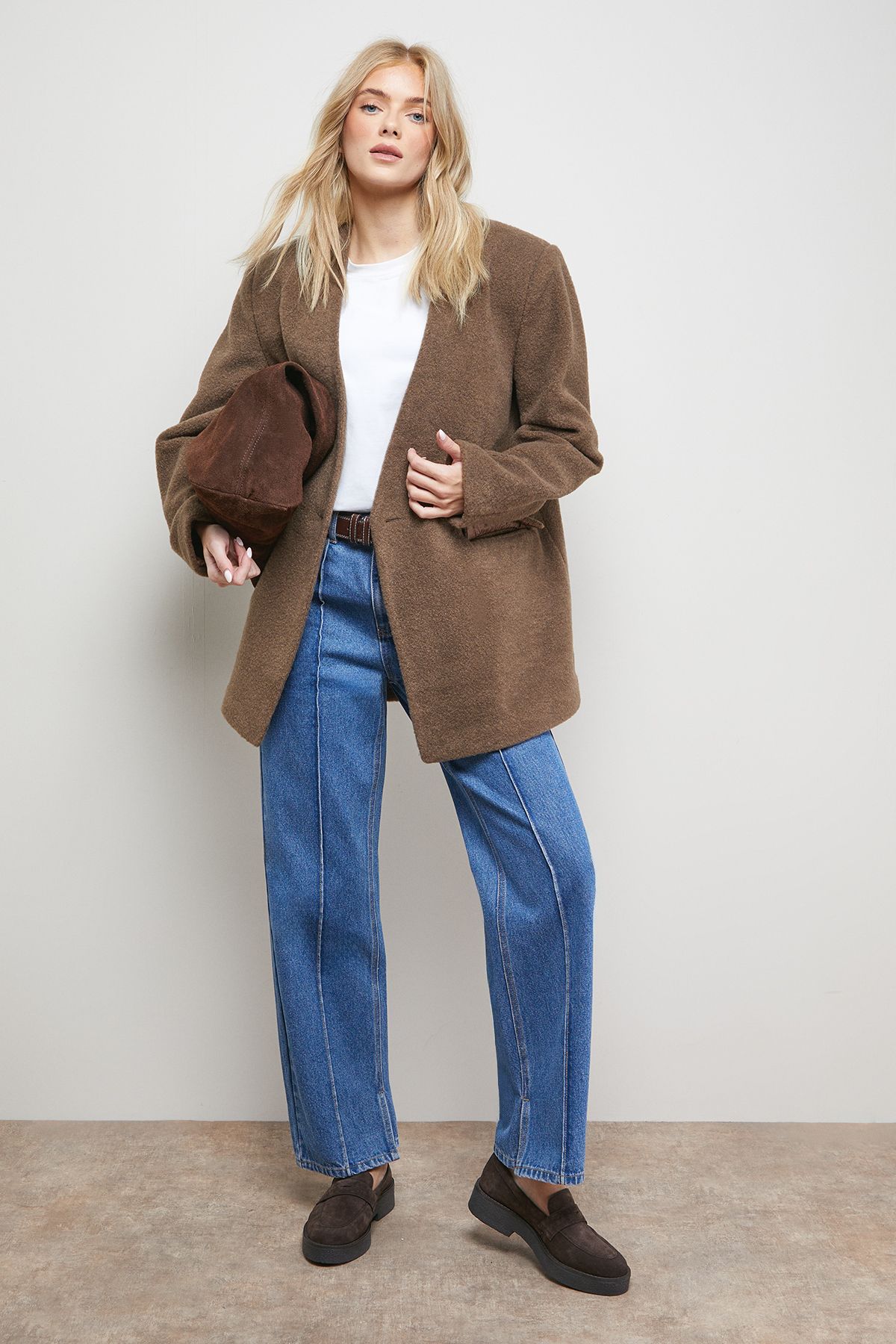 Oasis Collarless Blazer Coat Camel