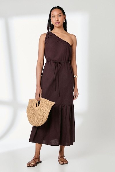 Principles One Shoulder Tiered Linen Mix Midaxi Dress Brown