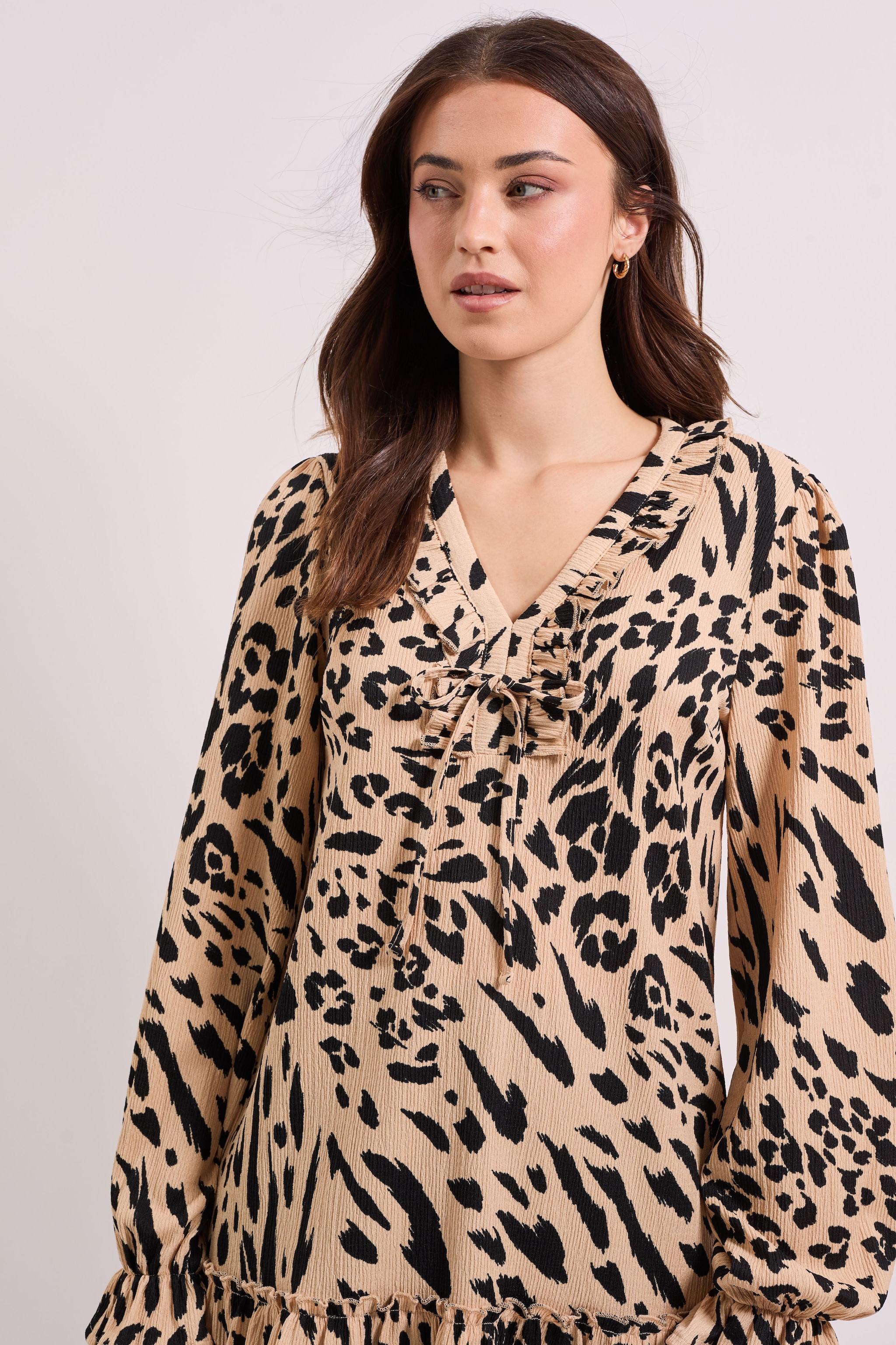 Dorothy Perkins Animal Tie Detail Frill Neck Blouson Sleeve Tiered Mini Dress Animal image 4