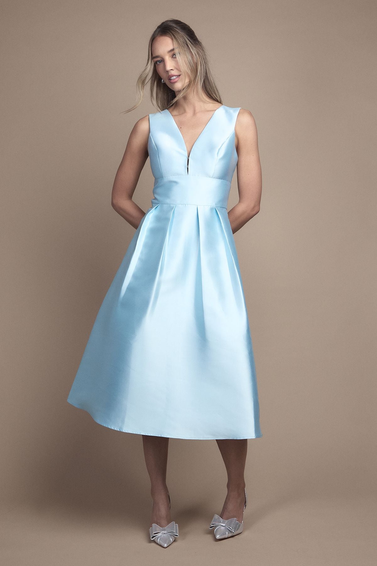 Coast Plunge Neck Structured Twill Midi Bridesmaid Dress Pale Blue