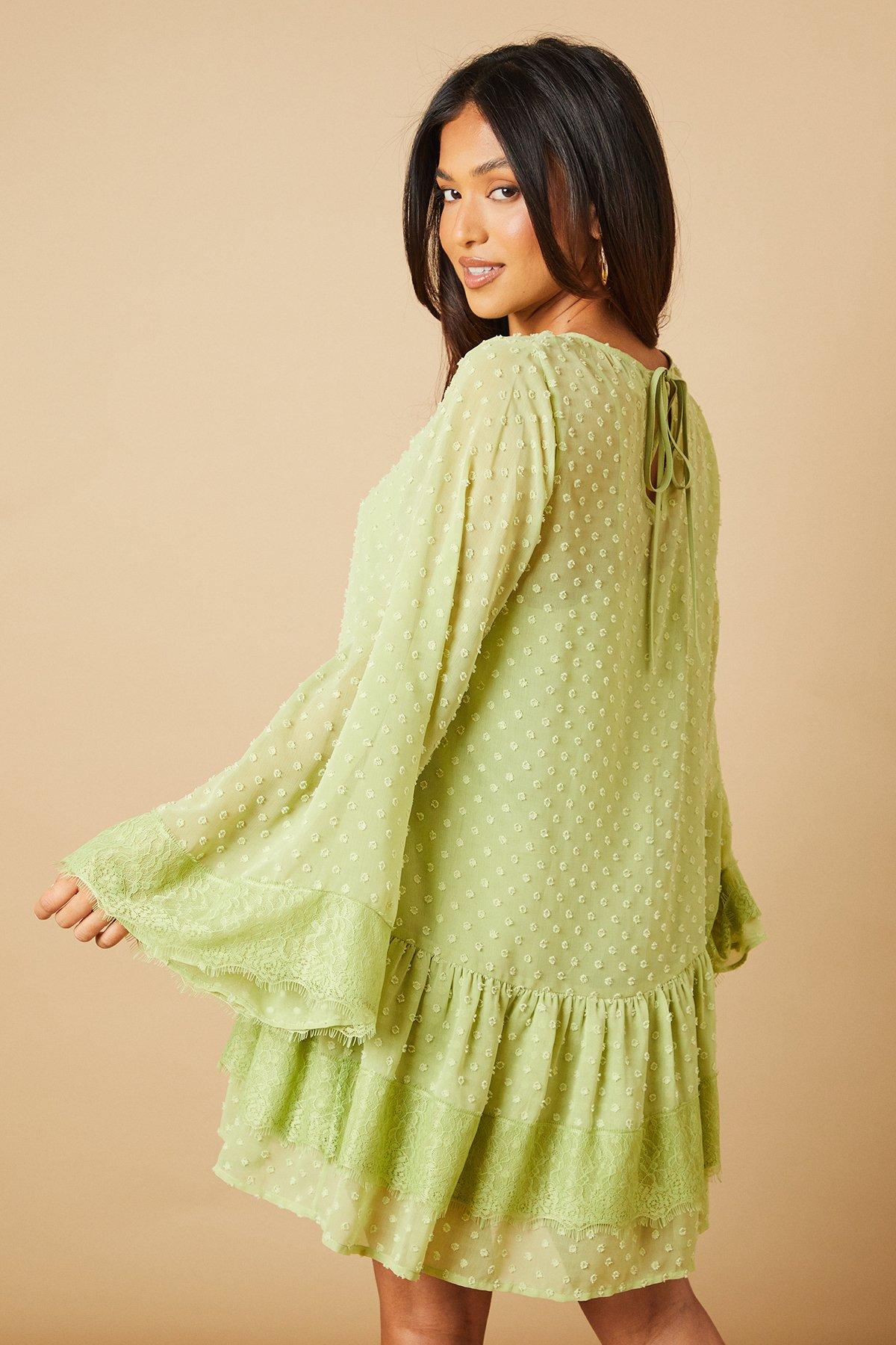 Oasis Petite Bell Sleeve Tiered Mini Dress Green image 5