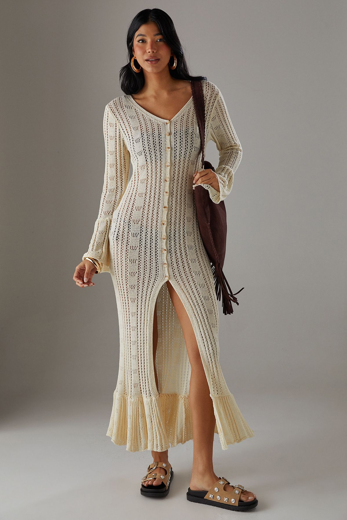 Warehouse Pointelle Button Down Knitted Midaxi Dress Ivory image 2