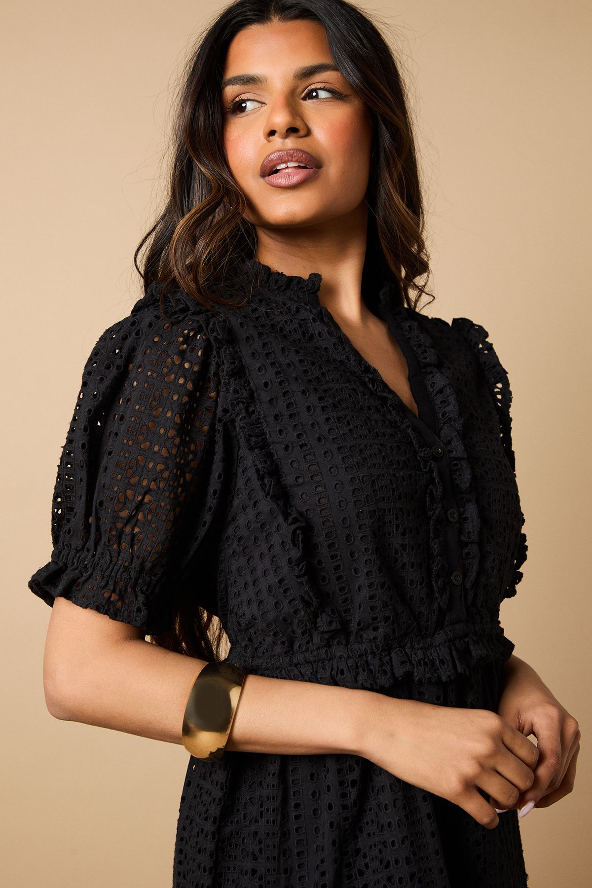 Oasis Petite Broderie Frill Detail Button Down Mini Dress Black image 4