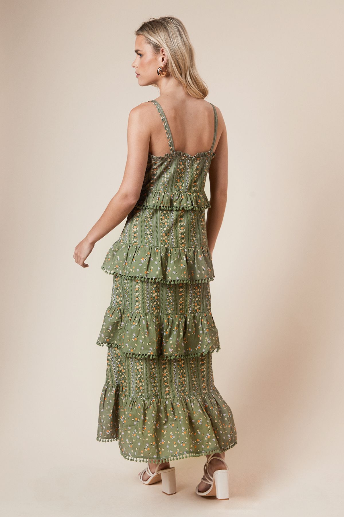 Dorothy Perkins Petite Green Linear Floral Printed Ruffle Pom Pom Midi Dress Green image 3