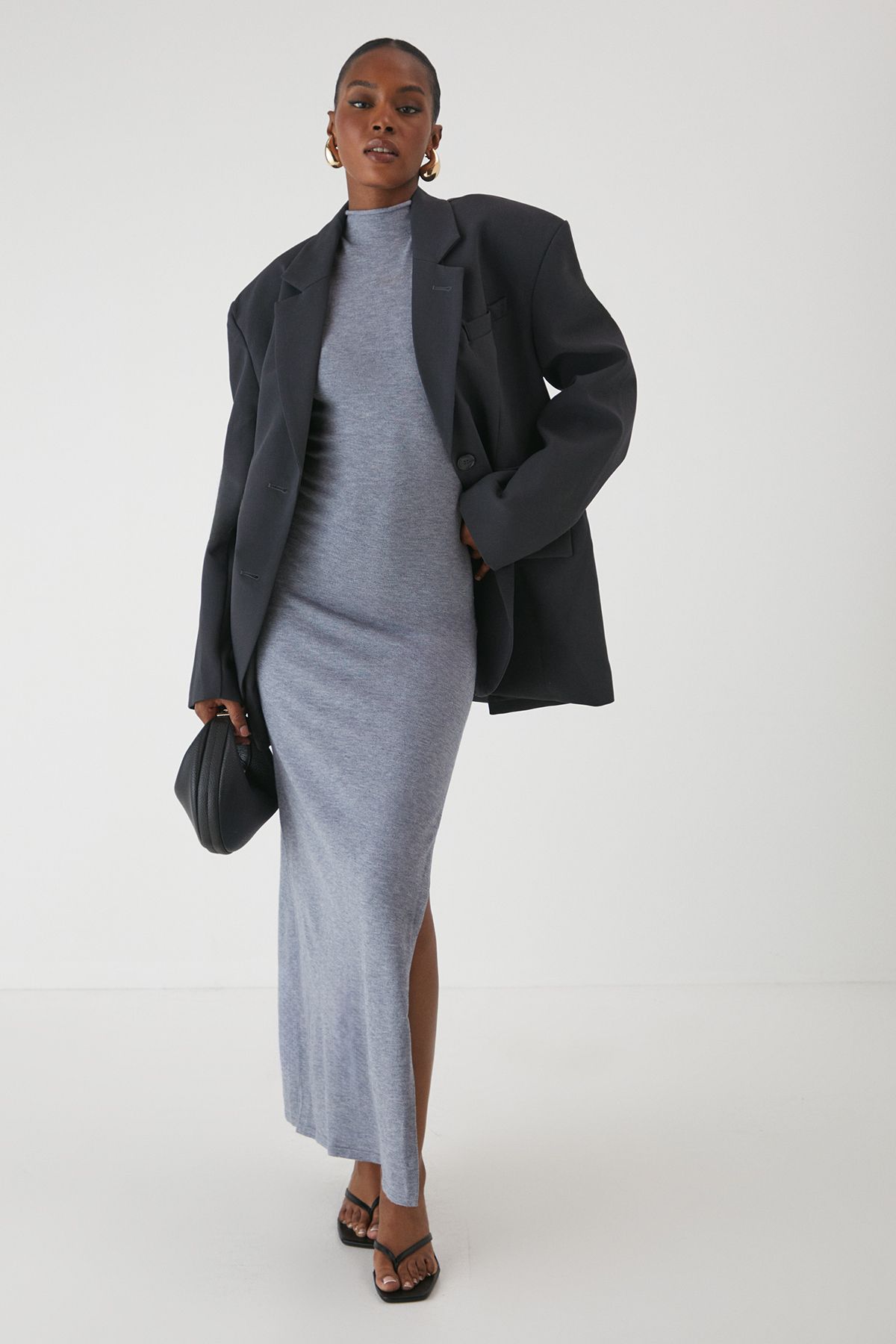 MissPap Soft Knit Grown On Neck Sleeveless Split Leg Maxi Dress Grey image 4