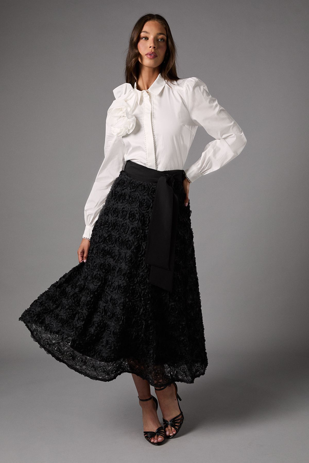 Coast 3D Flower Midi Skirt Black image 1