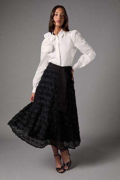 Coast 3D Flower Midi Skirt Black