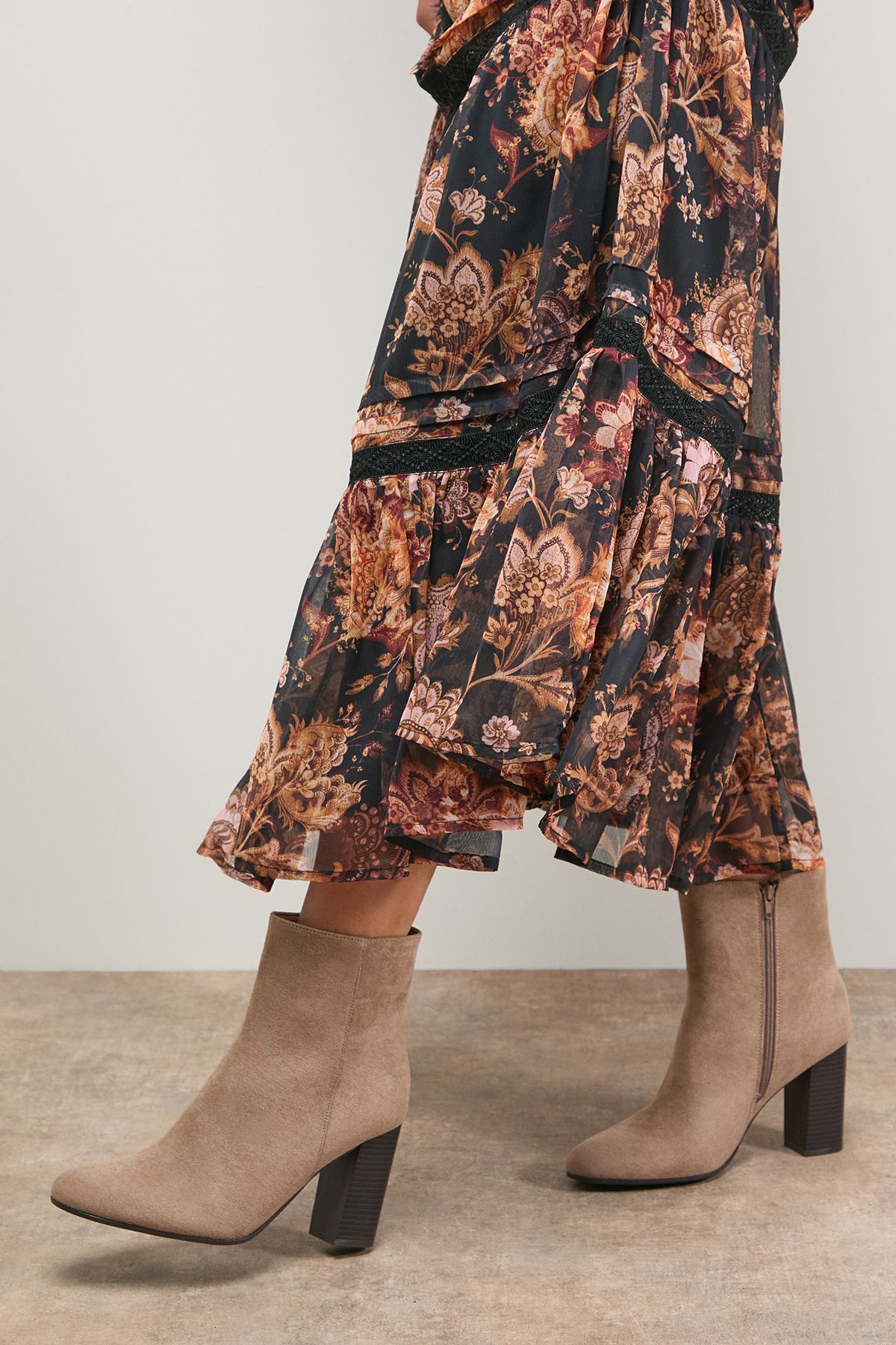 Oasis Louisa Faux Suede Round Toe Stacked High Heel Ankle Boots Beige