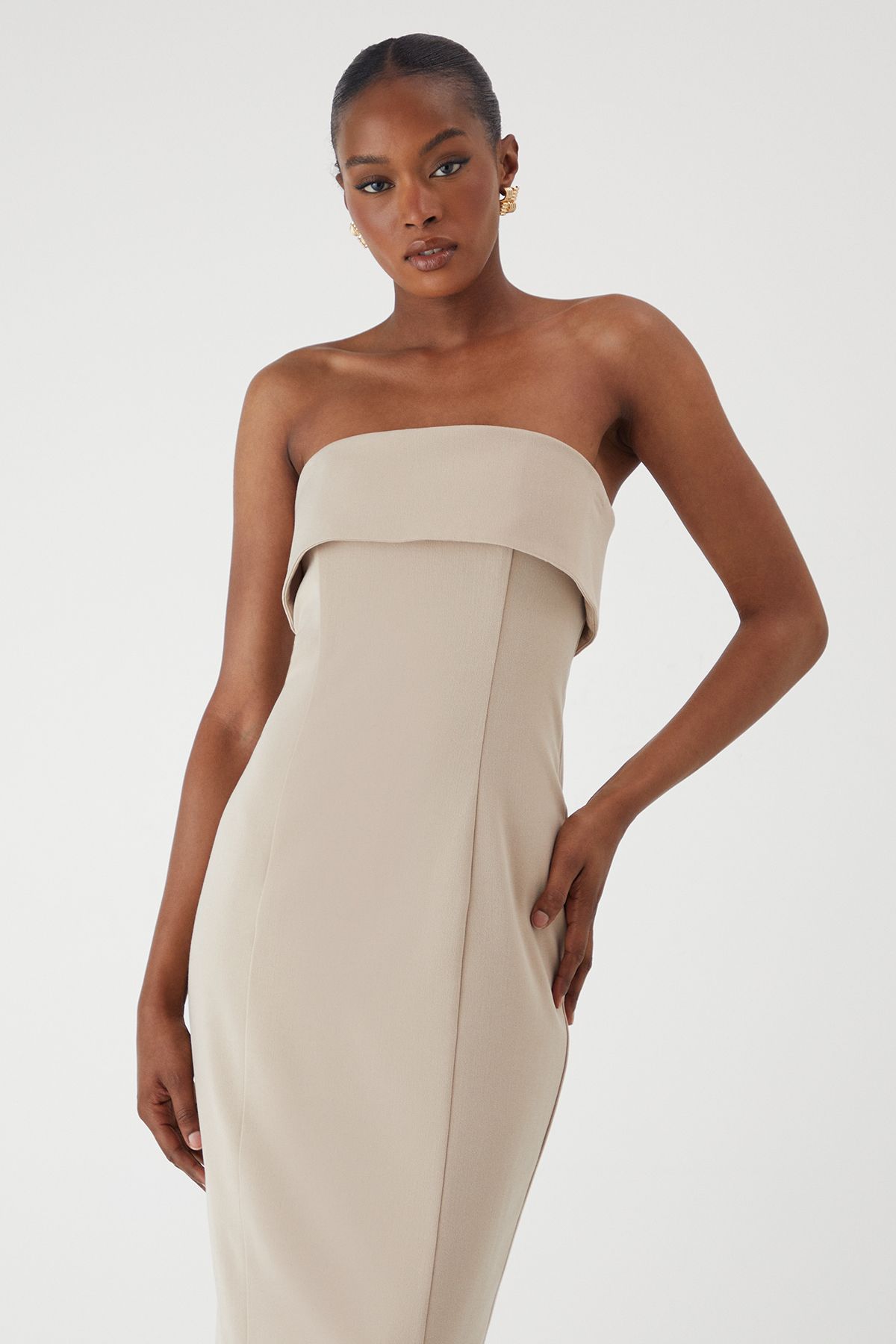 MissPap Bandeau Fold Over Midaxi Dress Ecru image 2