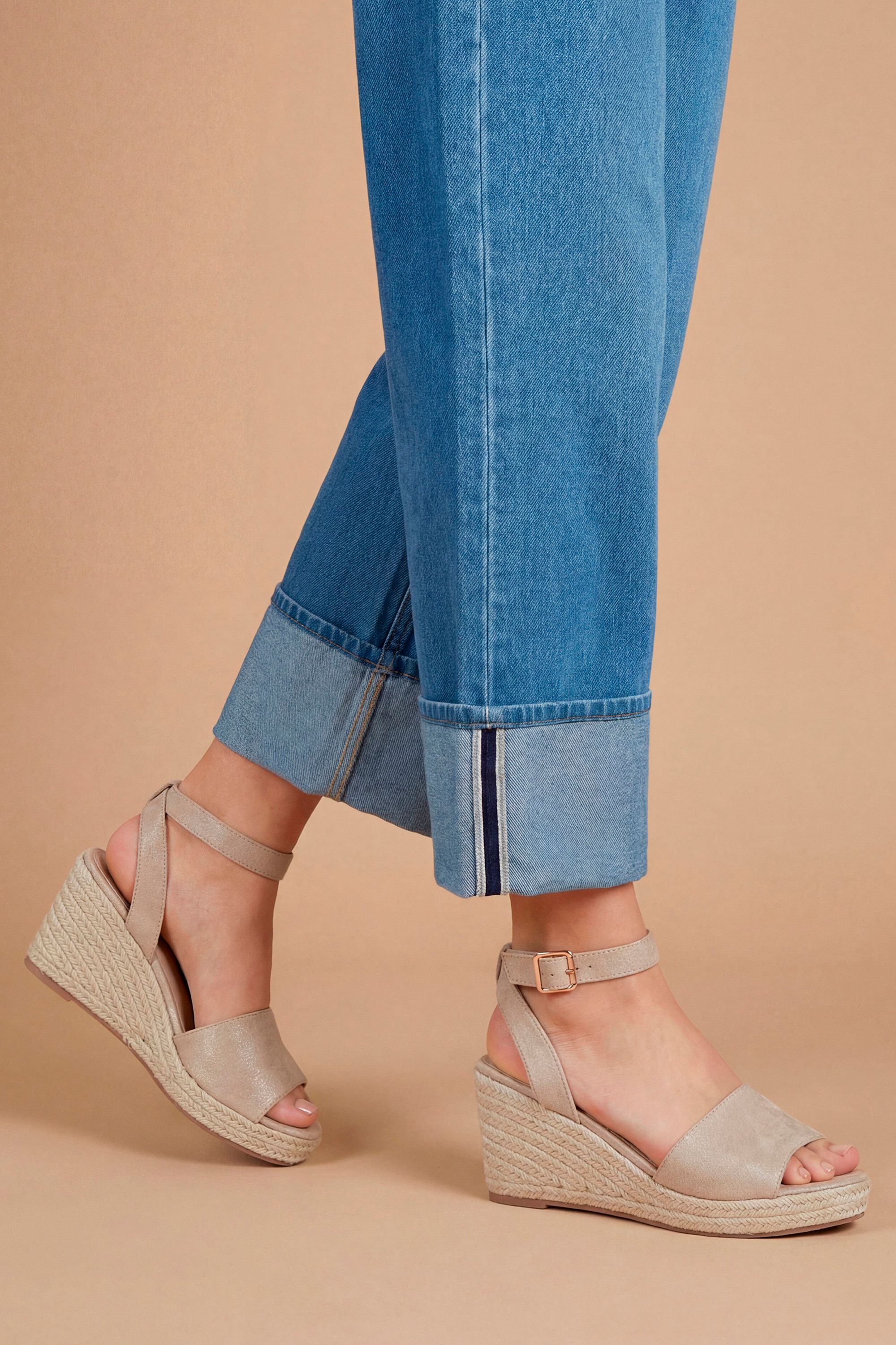 Dorothy Perkins Wide Fit Rebekah Faux Suede Peep Toe Espadrille Wedge Sandals Beige