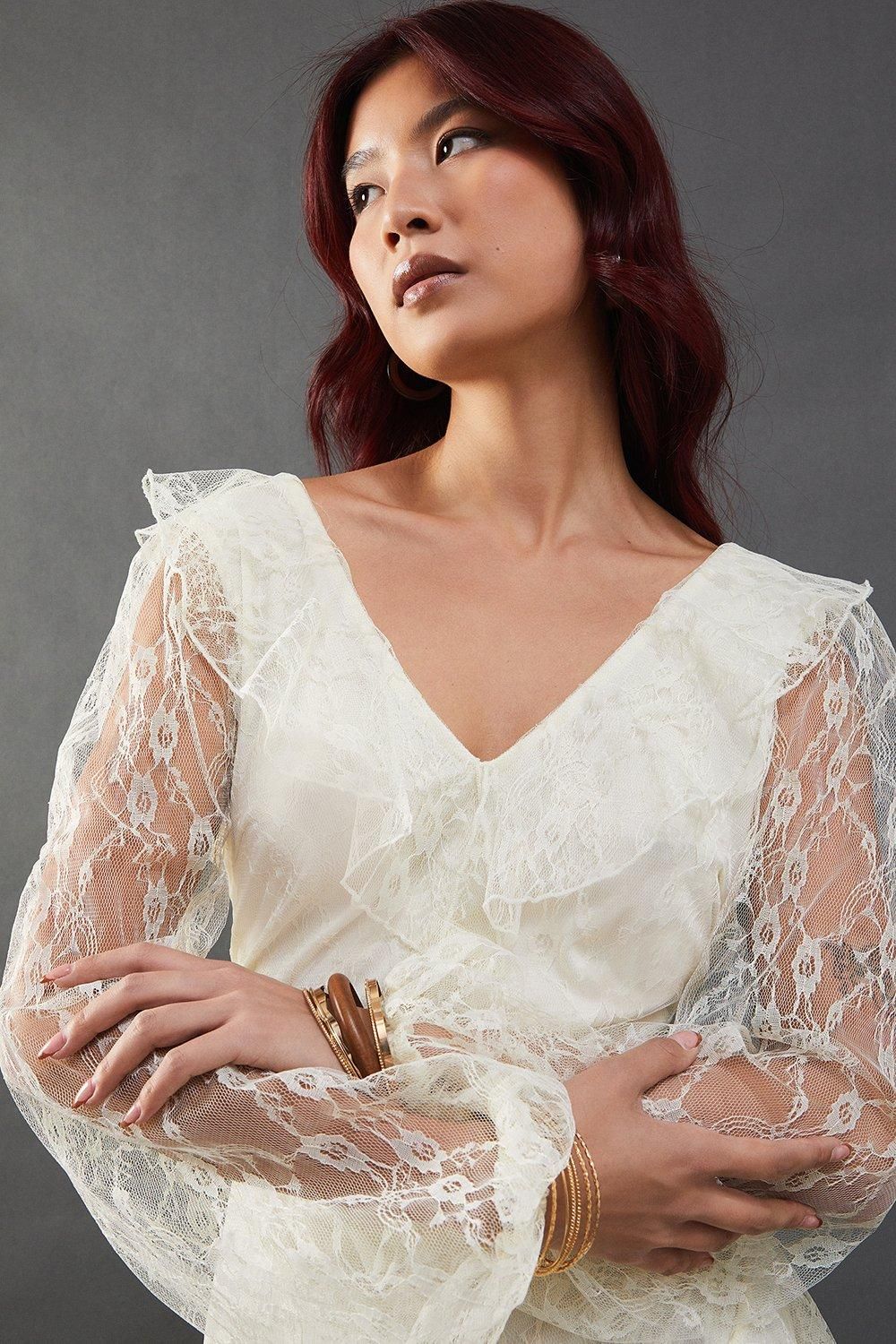 Warehouse Lace V Neck Ruffle Midi Dress Cream image 2