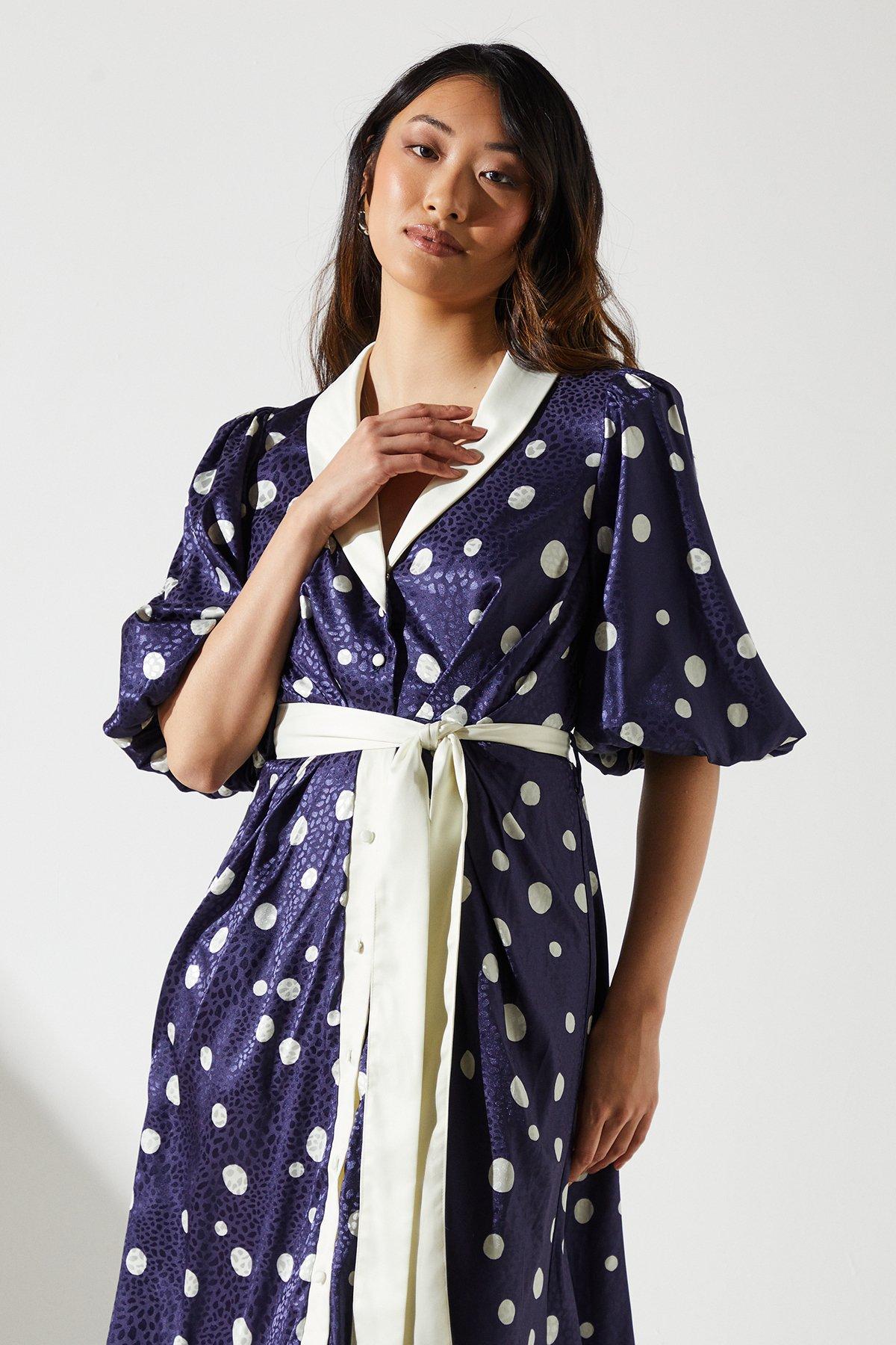 Coast Short Sleeve Satin Polka-Dot Wrap Dress Navy image 4