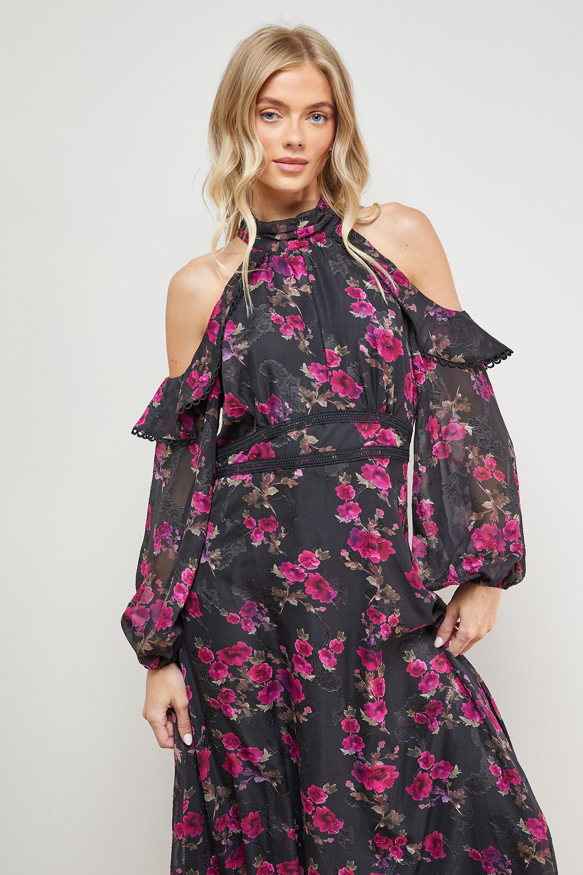 Oasis Cold Shoulder Ruffle Halterneck Midi Dress Multi image 2