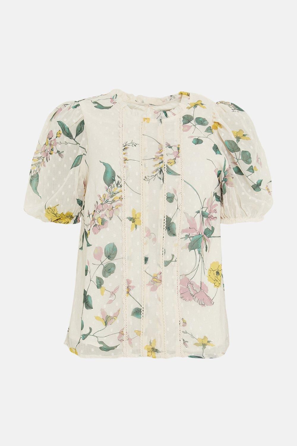 Oasis Lace Trim Dobby Chiffon Rose Floral Blouse Ivory image 4